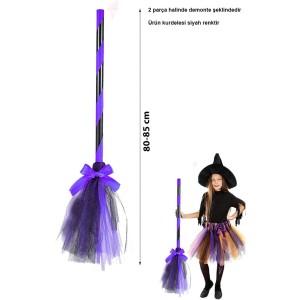 Mor Cadı Süpürgesi - Halloween Siyah Fiyonklu Tüllü Cadı Süpürges..