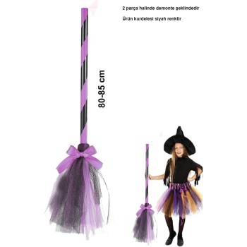 Pembe Cadı Süpürgesi - Halloween Siyah Fiyonklu Tüllü Cadı Süpürg..