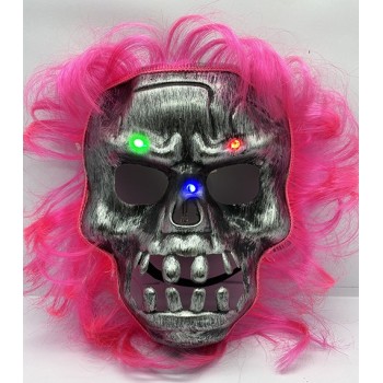 Pembe Saçlı Led Işıklı Kuru Kafa İskelet Korku Maskesi 22X25 Cm