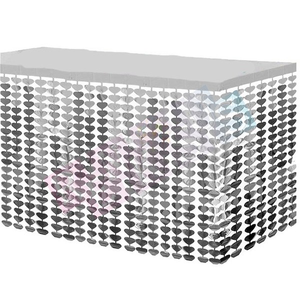 Püsküllü Işıltılı Metalize Gümüş Kalp Masa Eteği Püskülü 75X360 Cm