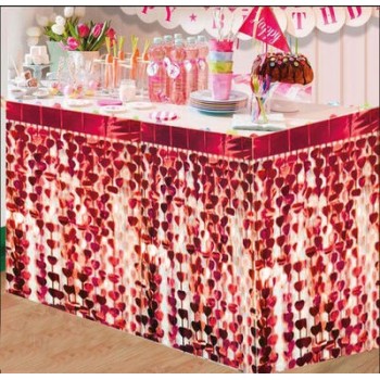 Püsküllü Işıltılı Metalize Kırmızı Kalpli Masa Eteği 75X360 Cm