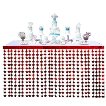 Püsküllü Işıltılı Metalize Kırmızı Yıldızlı Masa Eteği 75X360 Cm