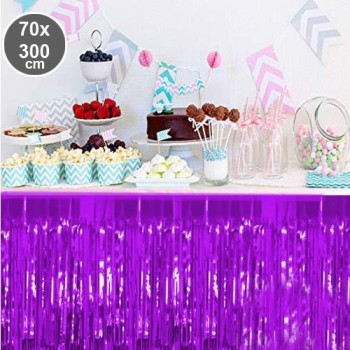 Püsküllü Işıltılı Metalize Mor Renk Masa Eteği 70X300 Cm