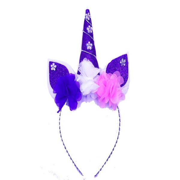 Rengarenk Çiçekli Mor Boynuzlu Tek Boynuz Unicorn Tacı