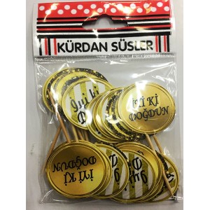 Siyah Gold Renk İyiki Dodğun Parti Kürdan Süsü 20 Adet