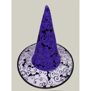 Siyah Yarasa Baskılı Mor Renk Cadı Şapkası 38X22 Cm