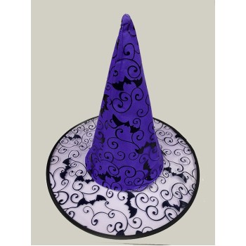 Siyah Yarasa Baskılı Mor Renk Cadı Şapkası 38X22 Cm