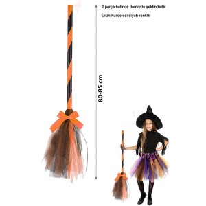 Turuncu Cadı Süpürgesi - Halloween Siyah Fiyonklu Tüllü Cadı Süpü..
