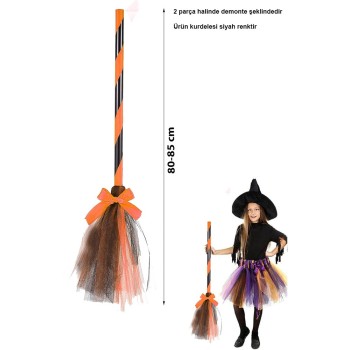 Turuncu Cadı Süpürgesi - Halloween Siyah Fiyonklu Tüllü Cadı Süpü..