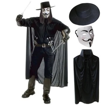 V For Vendetta Maskesi Şapkası Ve Pelerin Kostüm Seti Yetişkin Bo..