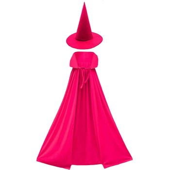 Yetişkin Boy 120 Cm Fuşya Pembe Yakalı Pelerin Ve Fuşya Cadı Şapk..