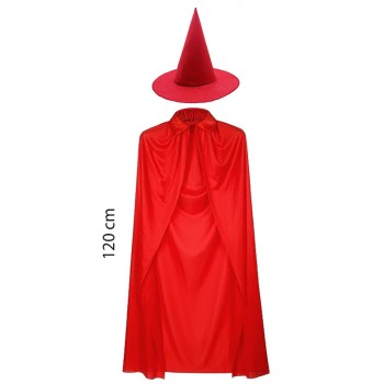 Yetişkin Boy 120 Cm Kırmızı Yakalı Pelerin Ve Kırmızı Cadı Şapkas..