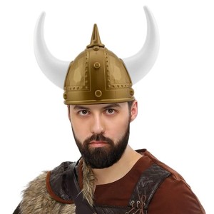 Yetişkin Boy Altın Renk Beyaz Boynuzlu Büyük Viking Başlığı Şapka..