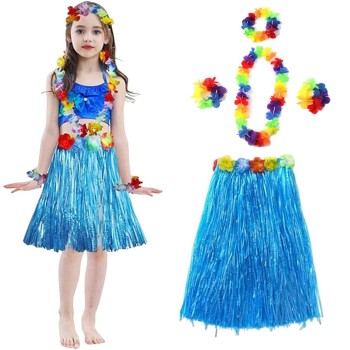 Yetişkin Ve Çocuk Uyumlu Hawaii Luau Aloha Mavi Püsküllü Etek Kol..