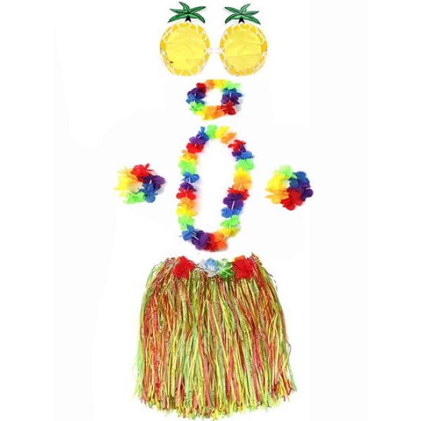 Yetişkin Ve Çocuk Uyumlu Luau Aloha Hawaii Rengarenk 40 Cm Etek Ananas Şekilli Gözlük Hawaii Kolye Renkli Taç Ve 2 Adet Bileklik Seti
