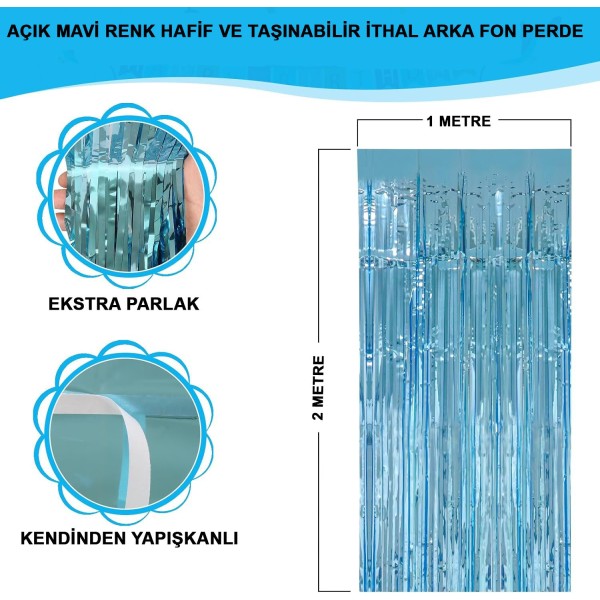 Açık Mavi Renk Ekstra Metalize Parlak Saçaklı Arka Fon Perde İthal A Kalite 1X2 Metre