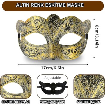 Altın Renk Eskitme Maskeli Balo Maskesi - Venedik Tarzı Parti Mas..