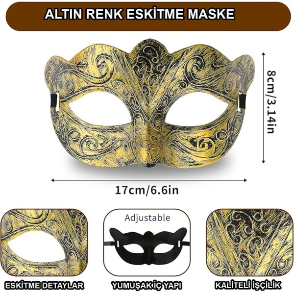 Altın Renk Eskitme Maskeli Balo Maskesi - Venedik Tarzı Parti Maskesi