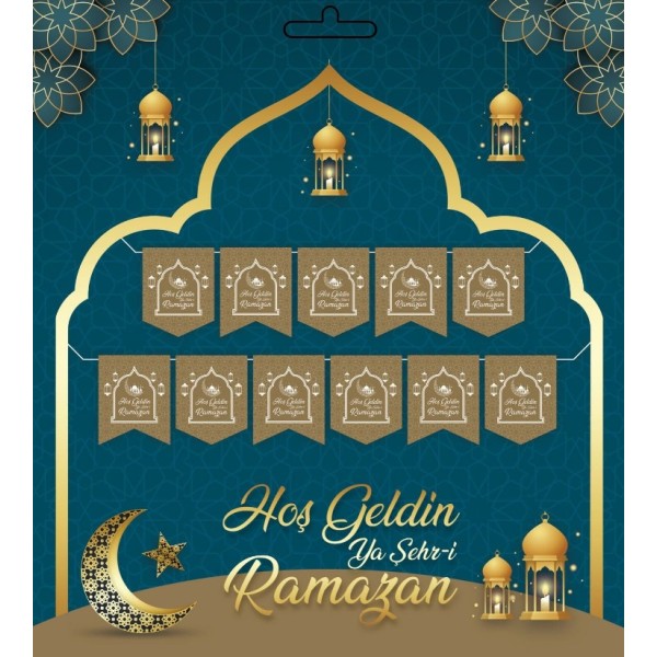 Altın Renk Hoşgeldin Ya Şehr-İ Ramazan Yazılı Banner Ramazan Süslemesi 230 Cm