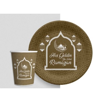 Altın Renk Hoşgeldin Ya Şehr-İ Ramazan Yazılı Tabak Ve Bardak Set..
