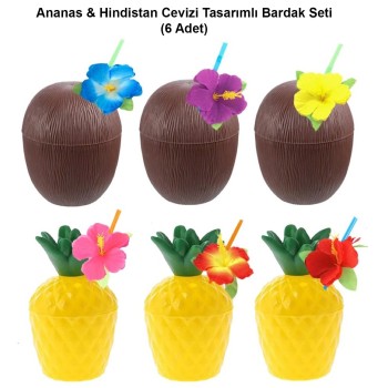 Ananas & Hindistan Cevizi Tasarımlı Pipetli Bardak Seti (6 Ad..