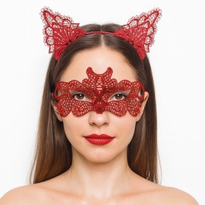 Ateş Kırmızısı Dantel Taç ve Maske Seti 10 No - Maskeli Balo &..