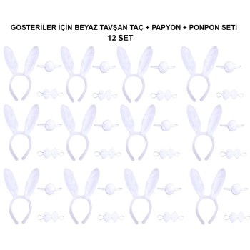 Beyaz Tavşan Kostüm Seti - Taç, Papyon, Kuyruk (12’Li Paket)