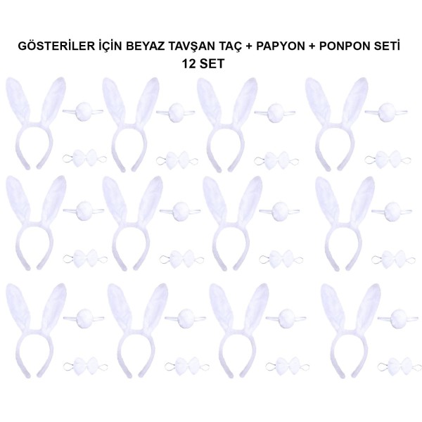 Beyaz Tavşan Kostüm Seti - Taç, Papyon, Kuyruk (12’Li Paket)