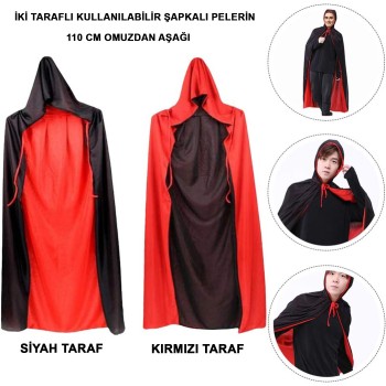 Çift Taraflı Kullanılabilir Siyah Kırmızı Kapişonlu Pelerin 110 C..
