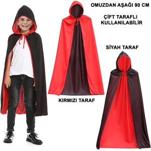Çift Taraflı Kullanılabilir Siyah Kırmızı Kapişonlu Pelerin 90 Cm..