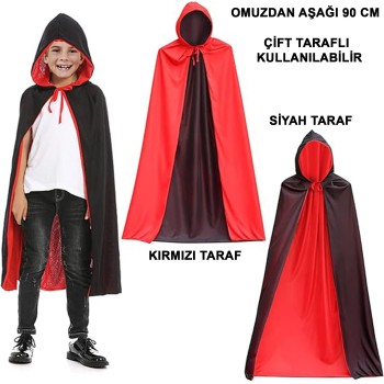 Çift Taraflı Kullanılabilir Siyah Kırmızı Kapişonlu Pelerin 90 Cm..