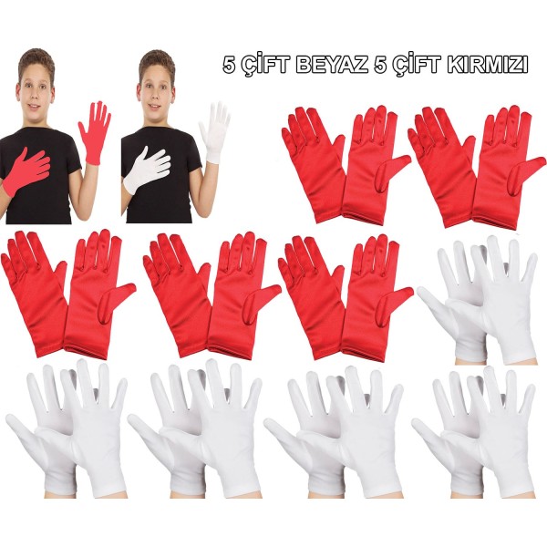 Çocuk Gösteri Eldiven Seti - 5 Çift Beyaz & 5 Çift Kırmızı