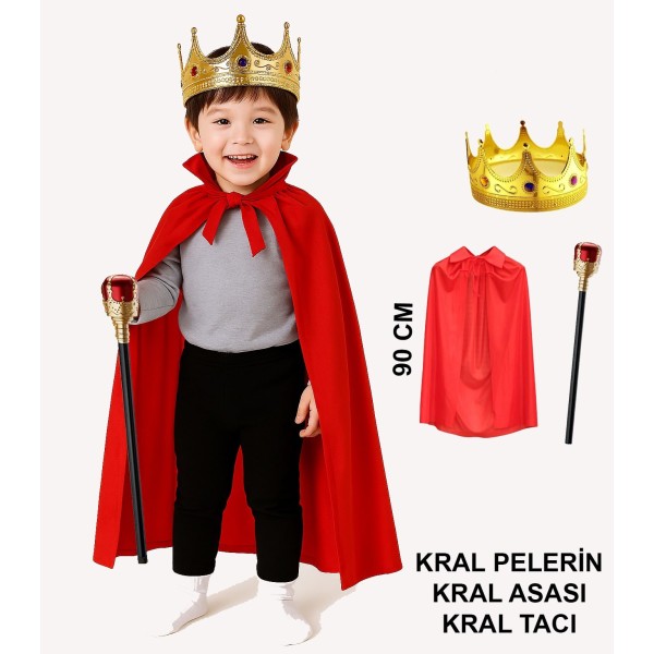 Çocuk Kral Kostüm Seti - Kırmızı Pelerin, Taç ve Asa (90 cm)
