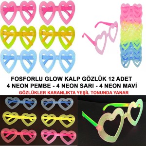 Fosforlu Kalp Model Glow Parti Gözlüğü Karanlıkta Yanan Gözlükler..
