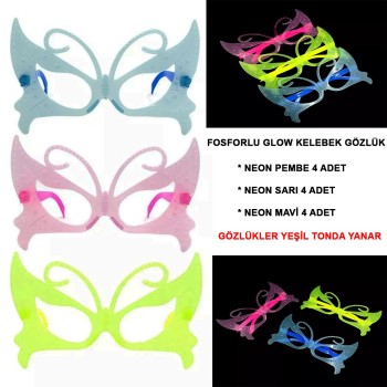 Fosforlu Kelebek Model Glow Parti Gözlüğü Karanlıkta Yanan Gözlük..