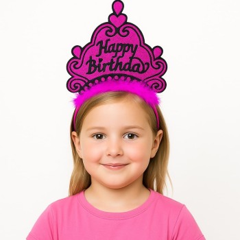 Fuşya Happy Birthday Prenses Tacı - Doğum Günü Taç Aksesuarı