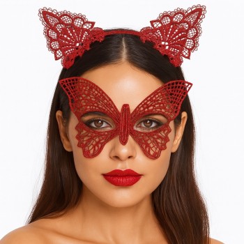 Gösterişli Kırmızı Dantel Maske ve Taç Seti 7 No - Masquerade ve ..