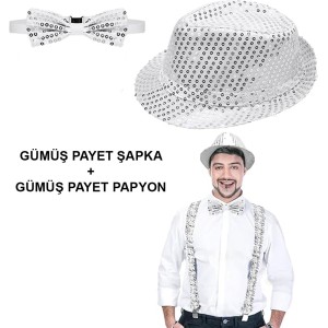 Gümüş Payetli Şapka Ve Papyon Seti - Parıltılı Yetişkin Kostüm Se..