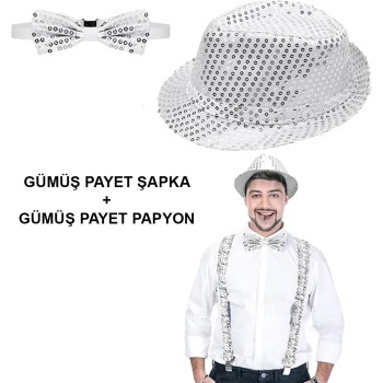 Gümüş Payetli Şapka Ve Papyon Seti - Parıltılı Yetişkin Kostüm Se..