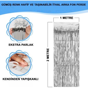 Gümüş Renk Ekstra Metalize Parlak Saçaklı Arka Fon Perde İthal A ..