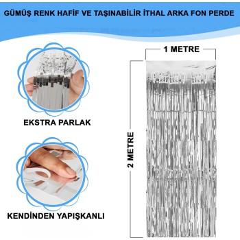 Gümüş Renk Ekstra Metalize Parlak Saçaklı Arka Fon Perde İthal A ..