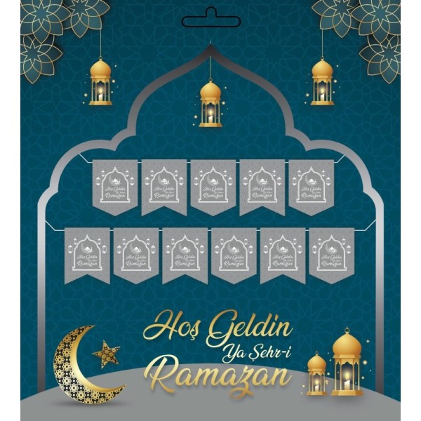 Gümüş Renk Hoşgeldin Ya Şehr-İ Ramazan Yazılı Banner Ramazan Süslemesi 230 Cm