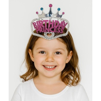 Gümüş Renk Taç Üzeri Pembe Birthday Prenses Yazılı Çocuk Parti Ta..