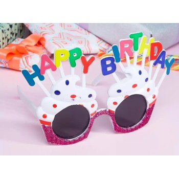 Happy Birthday Yazılı Beyaz Fuşya Renk Parti Gözlüğü 12X7 Cm