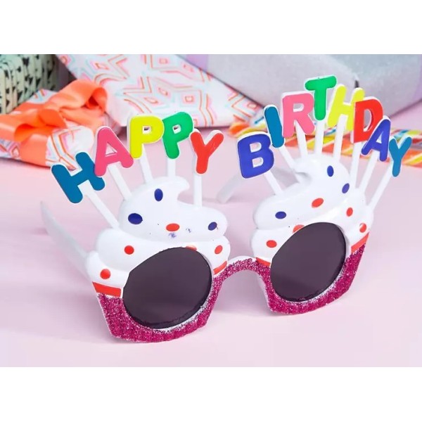 Happy Birthday Yazılı Beyaz Fuşya Renk Parti Gözlüğü 12X7 Cm