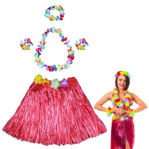 Hawaii Dans Kostümü - Kırmızı Hula Etek & Çiçek Kolye Seti