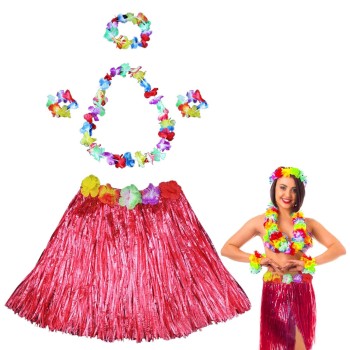 Hawaii Dans Kostümü - Kırmızı Hula Etek & Çiçek Kolye Seti