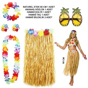 Hawaii Parti Kostüm Seti - 60 Cm Hasır Etek, Çiçekli Aksesuarlar ..