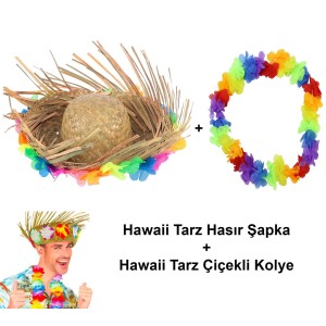 Hawaii Tarzı Tropikal Çiçekli Hasır Şapka Ve Çiçekli Hawaii Kolye