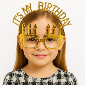 İt'S My Birthday Yazılı Taç Ve Mum Şekilli Gözlük Seti Altın Renk